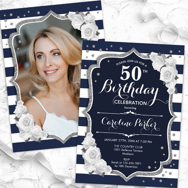 Invitación Foto 50 cumpleaños de Navy Blue White Silver (Subido por el creador)