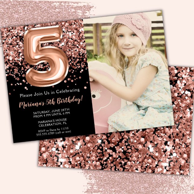 Invitación Foto 5 cumpleaños de Purpurina de oro Rosa negro (Subido por el creador)