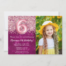 Invitación Foto 6º Cumpleaños Magenta Rosa Brillante Niños
