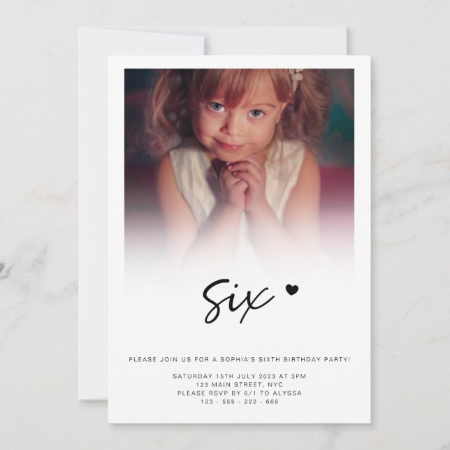 Invitación Foto 6º cumpleaños Seis Corazones Encantadoras (Anverso)