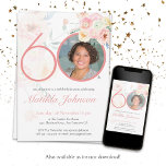 Invitación Foto 60.º Personalizado de acuarela floral rosa de<br><div class="desc">Foto 60 cumpleaños Invitación Personalizado de acuarela floral rosa. Invitación a la fiesta de cumpleaños floral y botánica de color rosa delicado y femenino. Cuenta con hermosas flores acuarelas y una foto personalizado que puedes cambiar por tu cuenta. El diseñador siempre está listo para ayudar, contacta con ella si necesitas...</div>