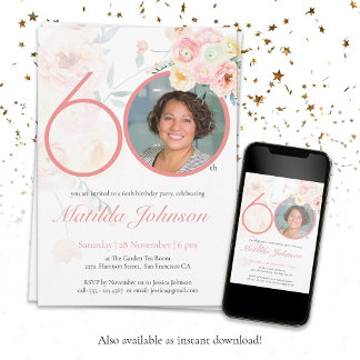 Invitación Foto 60.º Personalizado de acuarela floral rosa de