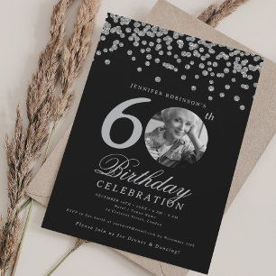 Invitación Foto 60 cumpleaños Confeti Plata Champagne Blac