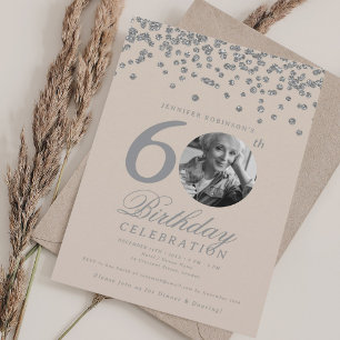 Invitación Foto 60 cumpleaños Confetti de plata Champagne
