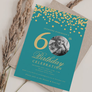 Invitación Foto 60 cumpleaños Confetti Turquesa de oro