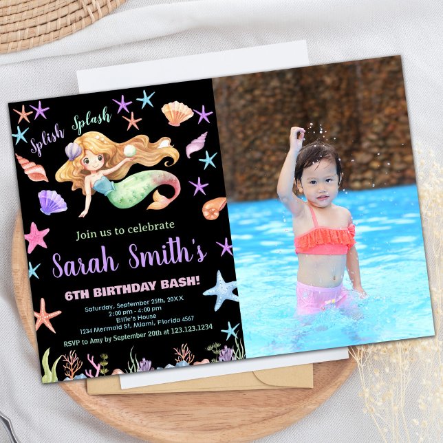 Invitación Foto 6.ª púrpura bajo el mar Cumpleaños de la sire (Photo 6th Purple Under the sea Mermaid Birthday Invitation)