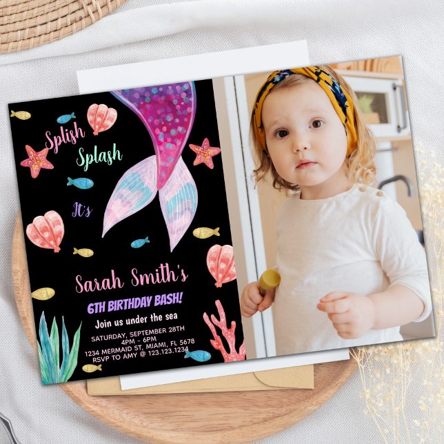 Invitación Foto 6 Rosa Oscuro encima de la sirena Cumpleaños (Photo 6th Dark Pink on top mermaid Birthday Invitation)