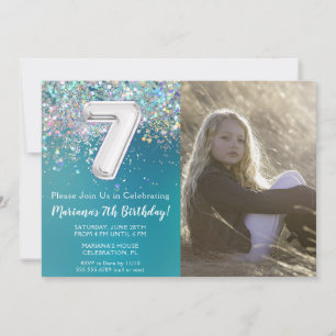 Invitación Foto 7º Cumpleaños Glitter Plateado Verde