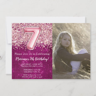 Invitación Foto 7º Cumpleaños Rosa Magenta Brillante Chicas