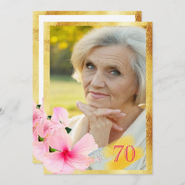 Invitación Foto 70 cumpleaños fiesta tropical floral blanca (Anverso / Reverso)