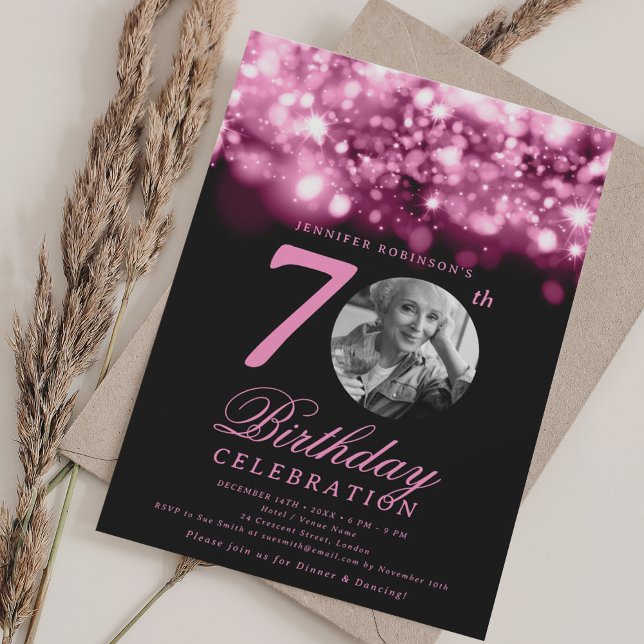 Invitación Foto 70 cumpleaños Glam Hot Pink Midnight (Photo 70th Birthday Hot Pink Midnight Glam Invitation)