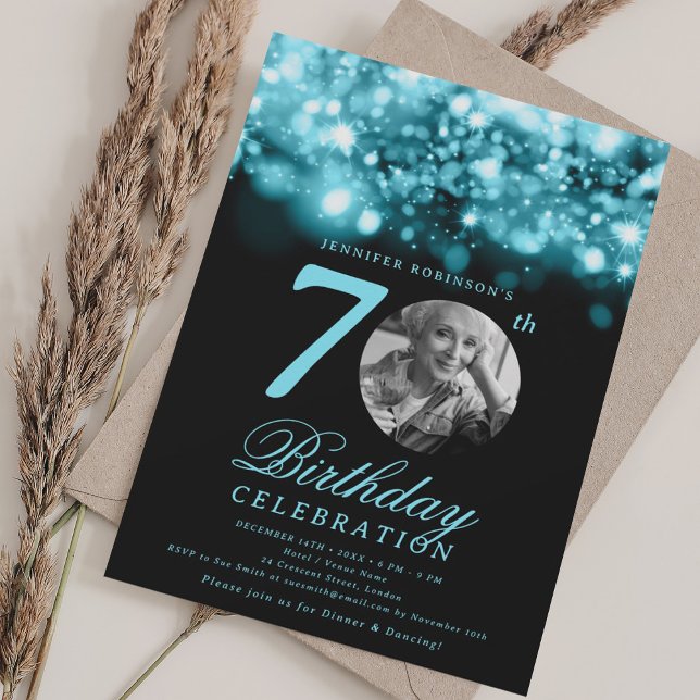 Invitación Foto 70 cumpleaños Glam Turquoise Midnight (Photo 70th Birthday Turquoise Midnight Glam Invitation)
