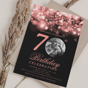 Invitación Foto 70 cumpleaños Rose Gold Glamour de medianoche