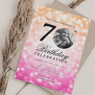 Invitación Foto 70 Naranja de cumpleaños Pink Ombre Bokeh