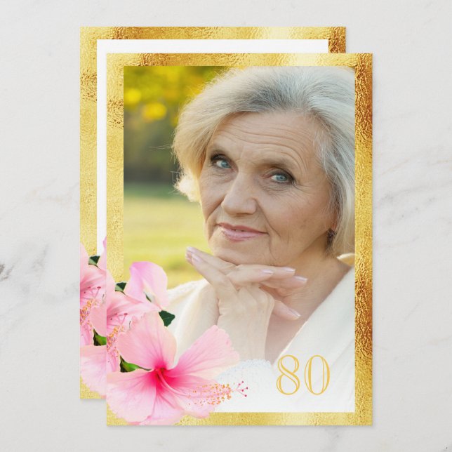 Invitación Foto 80 cumpleaños fiesta tropical floral blanca (Anverso / Reverso)