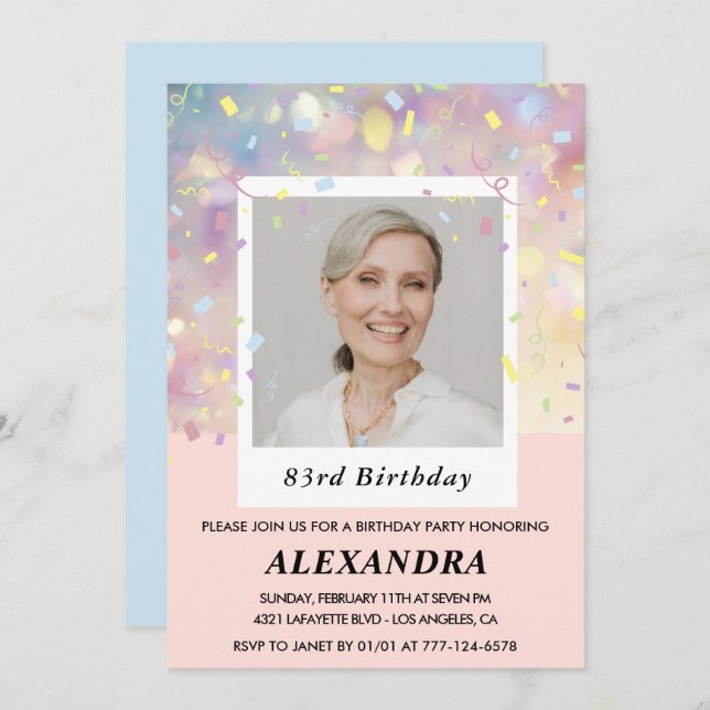 Invitación Foto 83 de cumpleaños de Confetti Rosa (Anverso / Reverso)