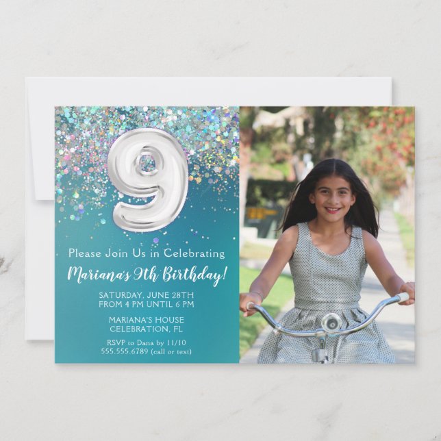 Invitación Foto 9º Cumpleaños Glitter Plata Verde (Anverso)