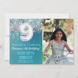 Invitación Foto 9º Cumpleaños Glitter Plata Verde