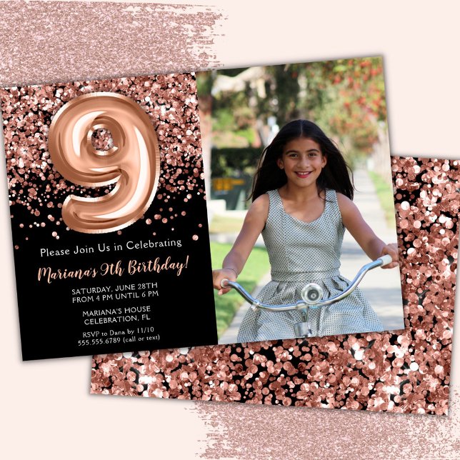 Invitación Foto 9 cumpleaños de Purpurina de oro Rosa negro (Subido por el creador)
