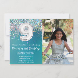 Invitación Foto 9 cumpleaños de Purpurina plateado Verde azul