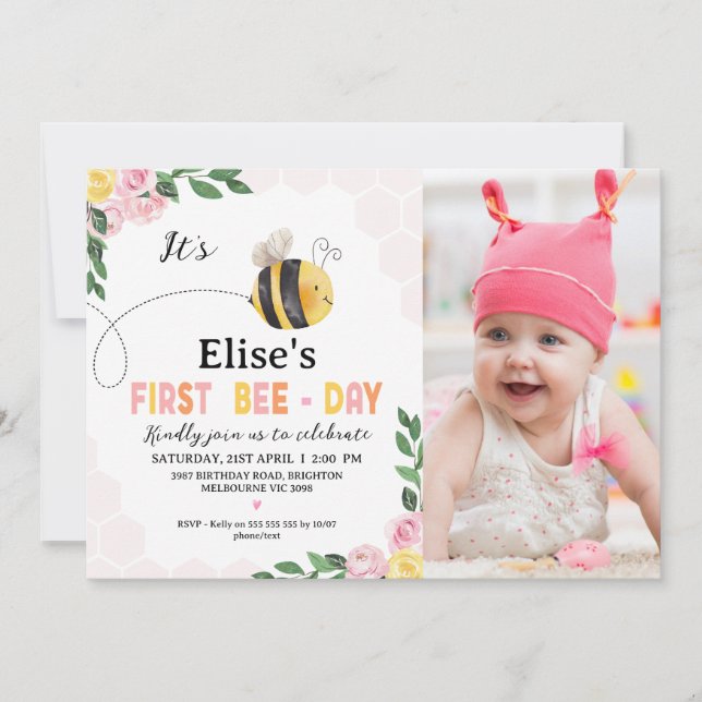 Invitación Foto Abeja Amarilla Rosada Primer Día de Abeja Pri (Anverso)