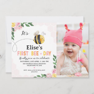 Invitación Foto Abeja Amarilla Rosada Primer Día de Abeja Pri