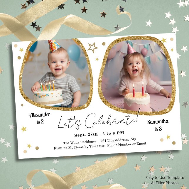 Invitación Foto abstracta doble cumpleaños fiesta infantil or (Subido por el creador)