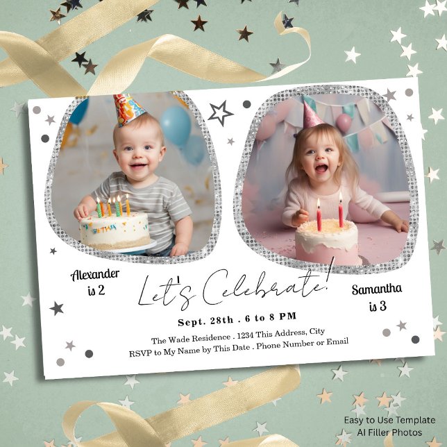 Invitación Foto abstracta doble cumpleaños fiesta infantil pl (Subido por el creador)