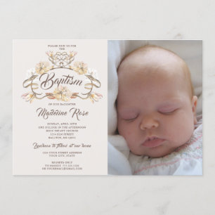 Invitación Foto Acuarela Bautismo Floral Rústico