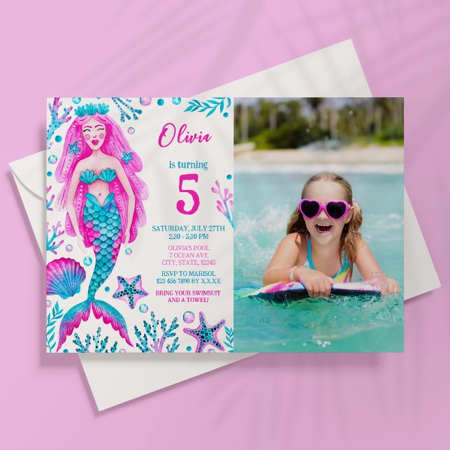 Invitación Foto acuarela Chica sirena Fiesta de natalidad (Photo Watercolor Mermaid Girl Birthday Pool Party Invitation)