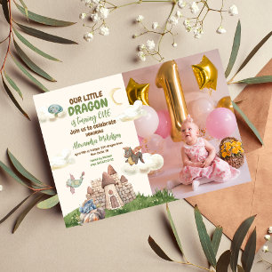 Invitación Foto acuarela Dragon Bebé Primer cumpleaños
