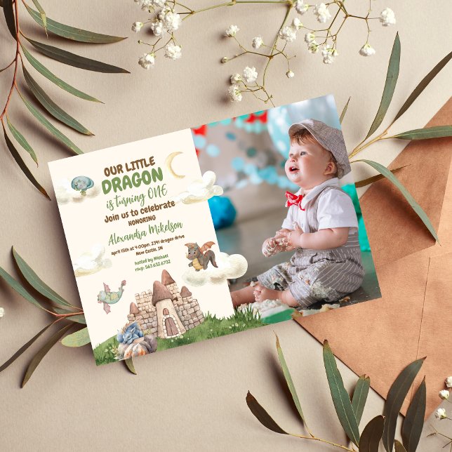 Invitación Foto acuarela Dragon Bebé Primer cumpleaños (Subido por el creador)