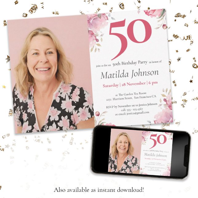 Invitación Foto acuarela Floral Rosa 50 cumpleaños (50th Birthday Watercolor Floral Pink Custom Photo Invitation)