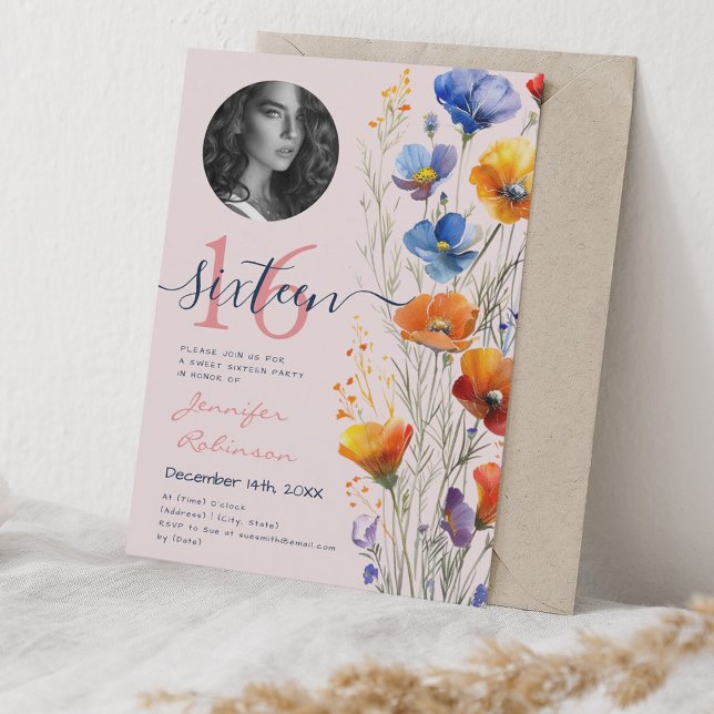 Invitación FOTO Acuarela Flores silvestres dulce 16 Rubor (PHOTO Watercolor Wildflowers Sweet 16 Blush Invitation)