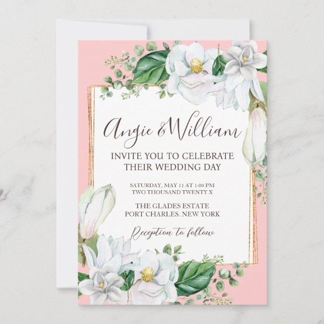 Invitación Foto acuarela Magnolia Rubor Boda de código QR (Anverso)
