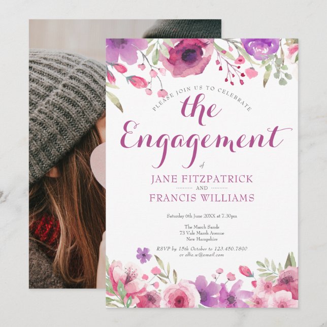 Invitación Foto Acuarela Rosa Fiesta de Compromiso Floral (Anverso / Reverso)