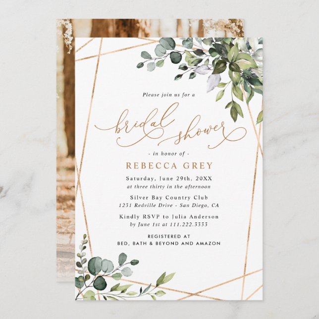 Invitación Foto acuarela Verdor Ducha dorada de novias (Anverso / Reverso)