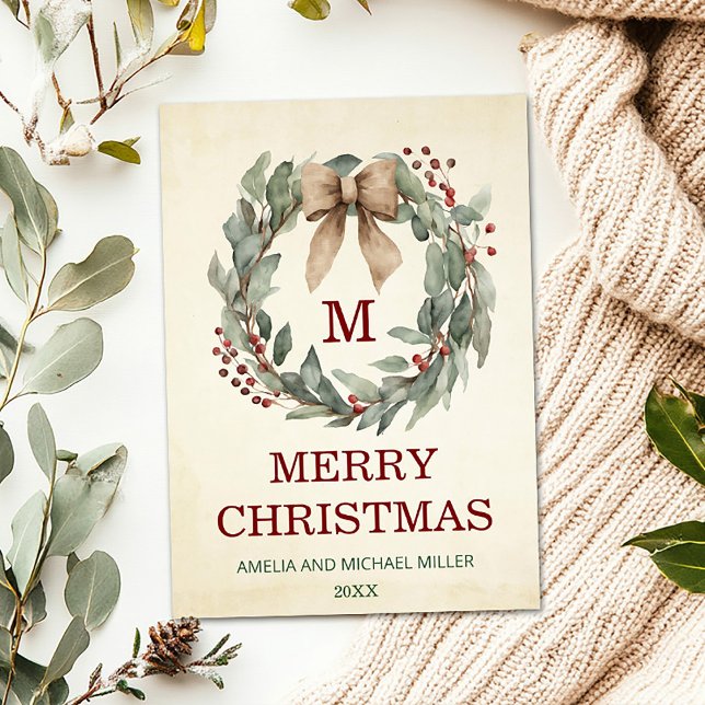 Invitación Foto acuarela Wreath Merry Christmas Card (Photo Vintage Wreath Boho Merry Christmas Flat Card)