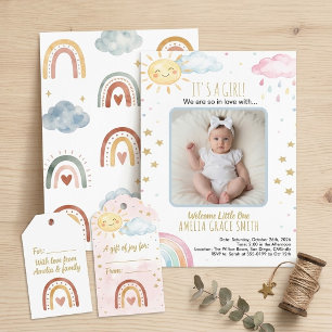 Invitación Foto adorable de bebé con arcoíris de acuarela boh