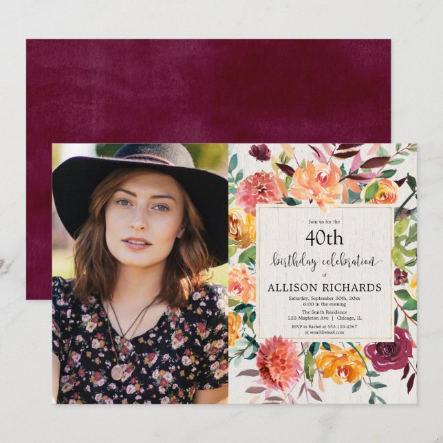 Invitación Foto adulta floral del cumpleaños de la caída del (Anverso / Reverso)