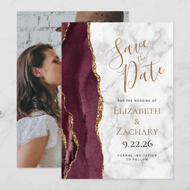 Invitación Foto Agate Burgundy Gold Marble Save the Date (Anverso / Reverso)