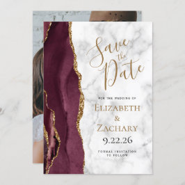 Invitación Foto Agate Burgundy Gold Marble Save the Date