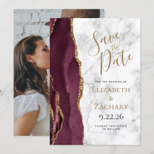 Invitación Foto Agate Burgundy Gold Marble Save the Date