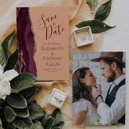 Invitación Foto Agate Burgundy Gold Peach Save the Date Card