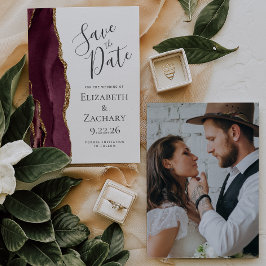 Invitación Foto Agate Burgundy Gold Save the Date Card