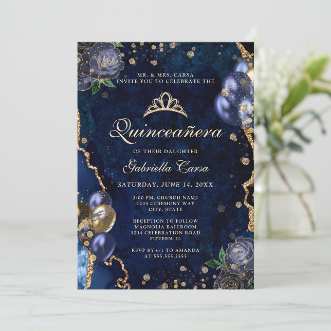 Invitación Foto Agate Floral de oro azul Quinceanera (Anverso de pie)