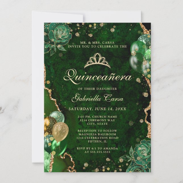 Invitación Foto Agate floral de oro verde Quinceanera (Anverso)