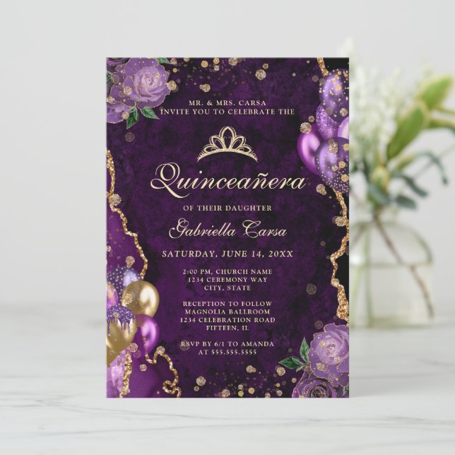 Invitación Foto Agate Floral Purple Gold Quinceanera (Anverso de pie)