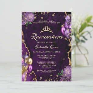Invitación Foto Agate Floral Purple Gold Quinceanera
