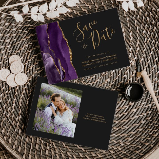 Invitación Foto Agate Purple Gold Wedk Wedding Save the Date (Subido por el creador)